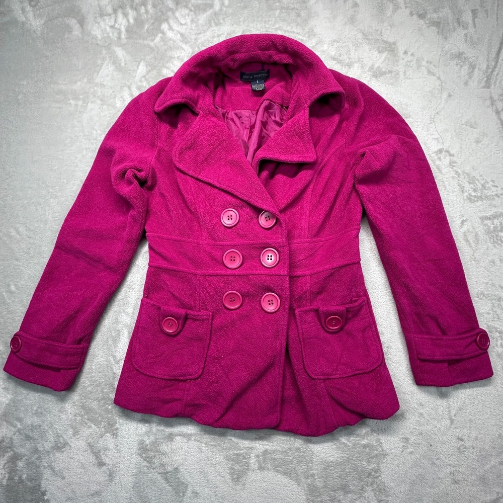 Zenana Outfitters Womens Small Pink Fleece Pea Coat Jacket Double Breasted